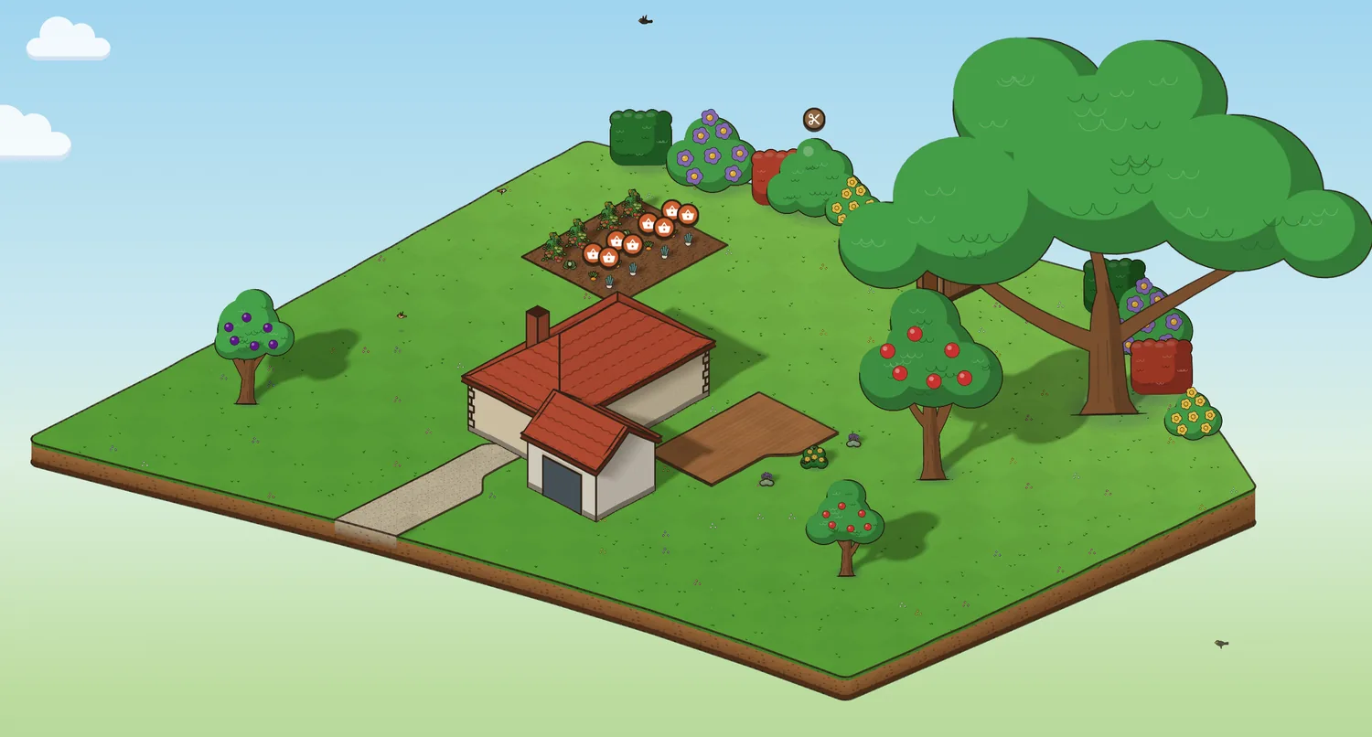 Dasselbe Grundstück in 3D in Jardingo: Haus und Garage, Einfahrt, Terrasse, Gemüsebeet, Bäume und ein sanfter Hang.