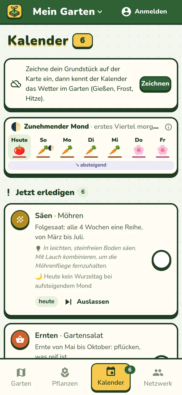 Der Kalender von Jardingo: der Mond der Woche und die Aufgaben, die jetzt anstehen.