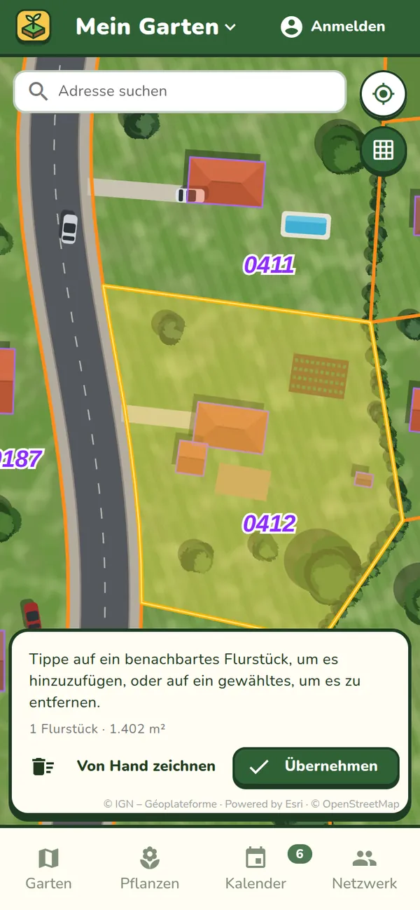Das Grundstück in Jardingo: das gewählte Flurstück aus dem Kataster über dem Luftbild.