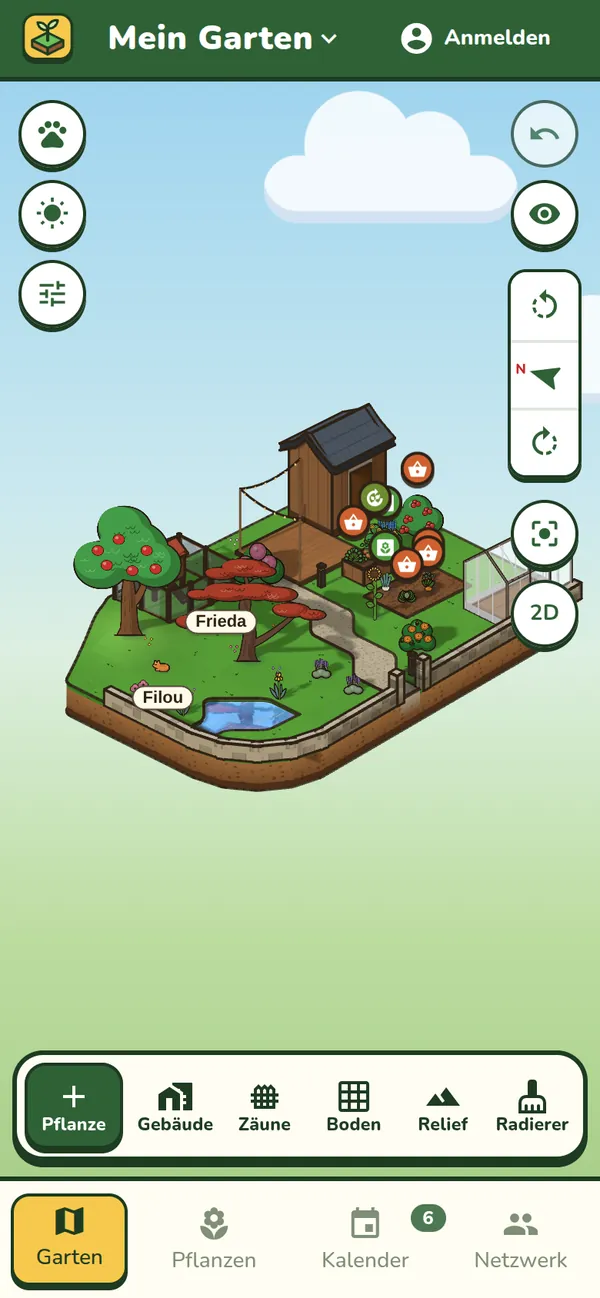 Der Beispielgarten von Jardingo auf dem Handy, mit den Werkzeugen Pflanze, Gebäude, Zäune, Boden, Relief und Radierer.