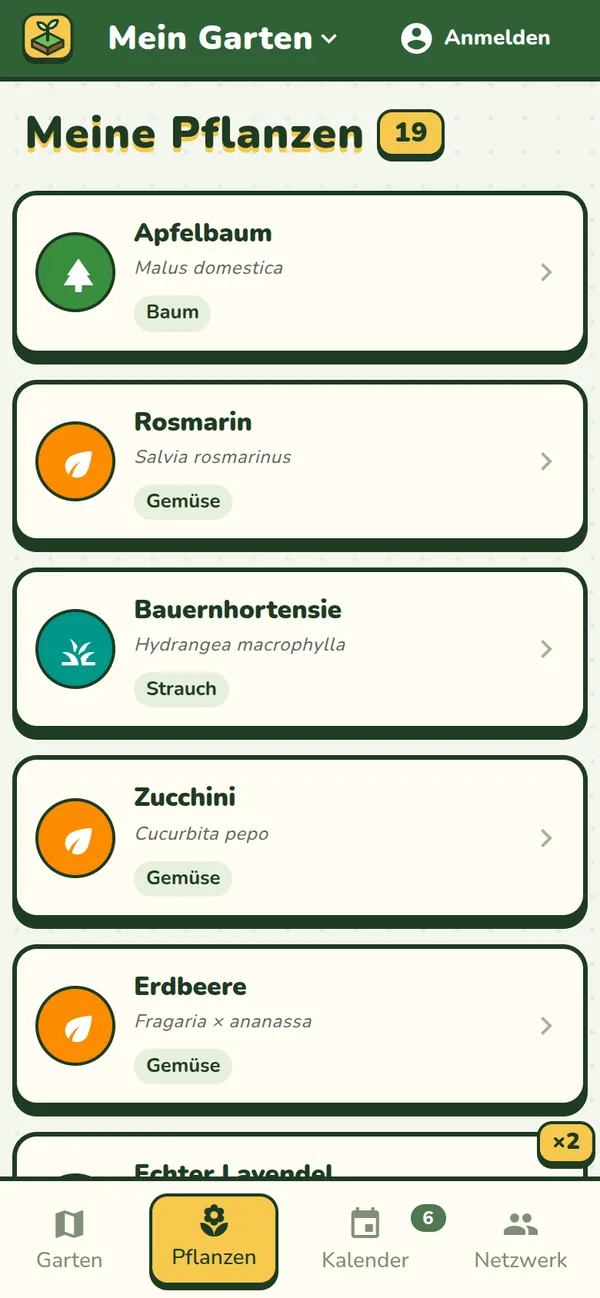 Die Liste „Meine Pflanzen“ in Jardingo: jede Pflanze mit lateinischem Namen, Kategorie und Anzahl.