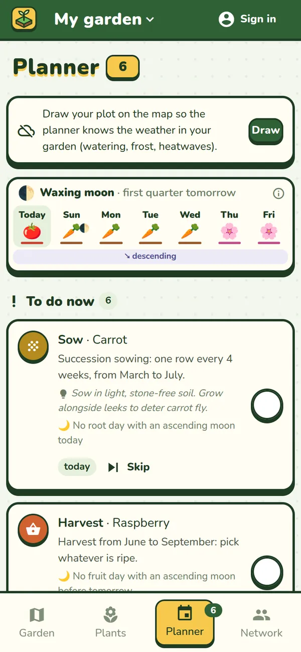 The Jardingo planner: this week's moon and the tasks to do now.