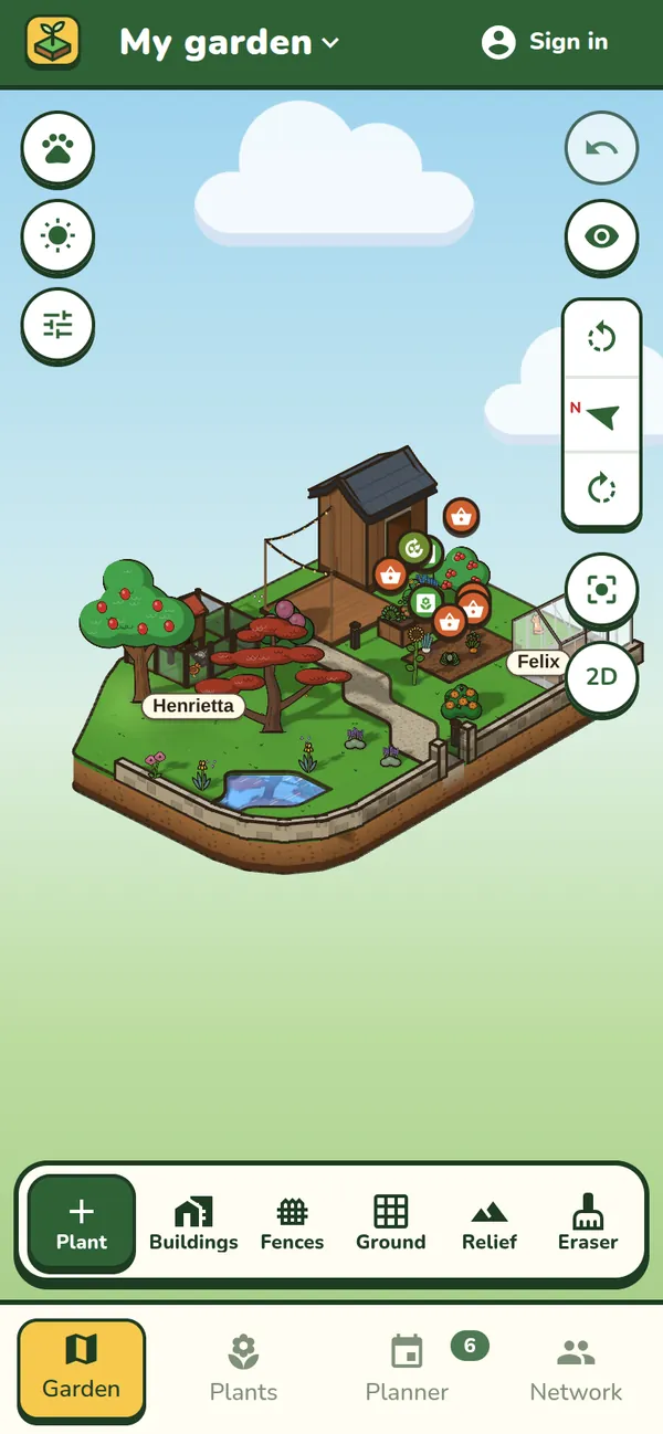 The Jardingo demo garden on a phone, with the Plant, Buildings, Fences, Ground, Relief and Eraser tools.