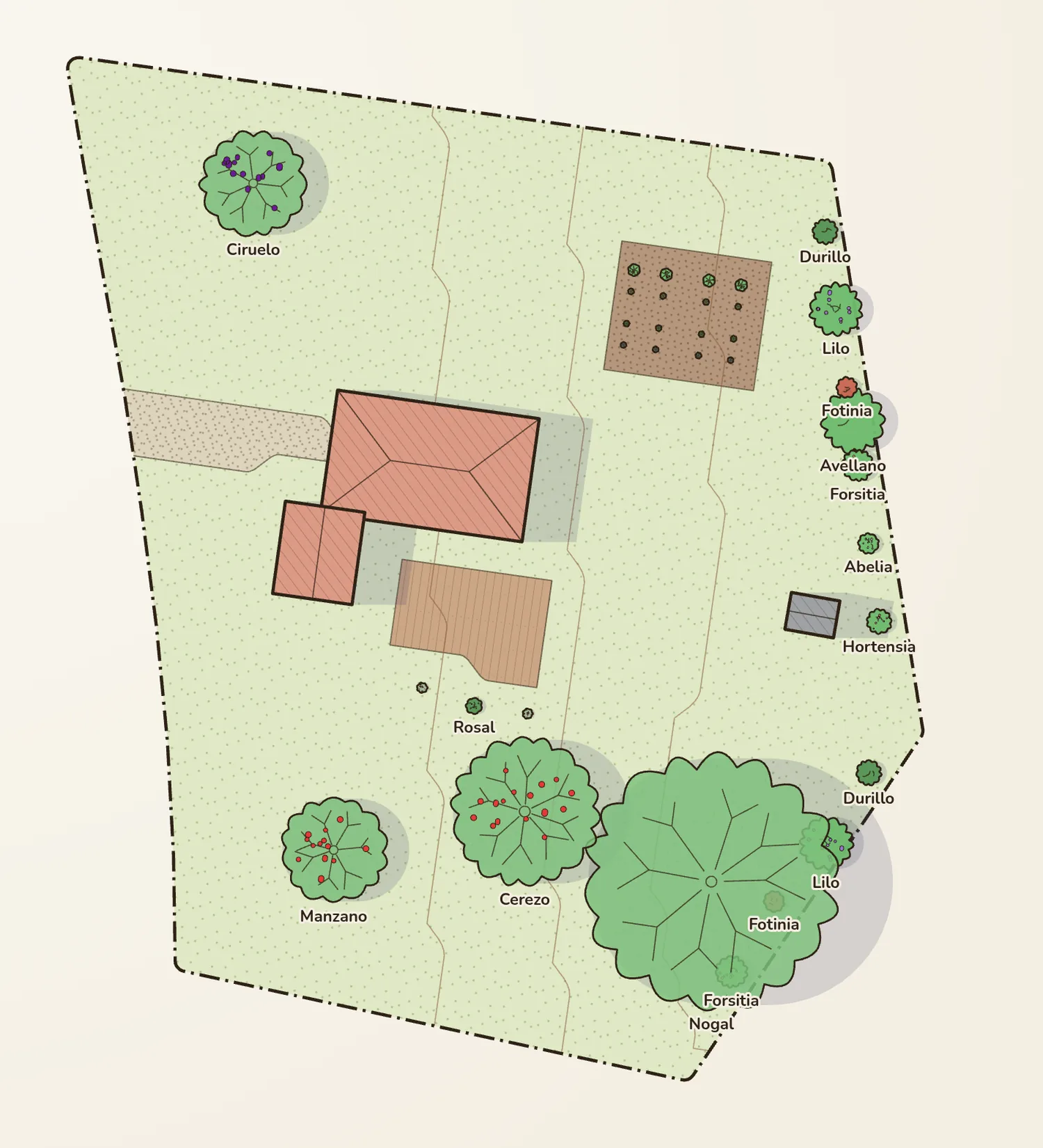 El mismo jardín en plano 2D en Jardingo: casa, garaje, entrada, terraza, huerto, árboles con su envergadura, arbustos y curvas de nivel.