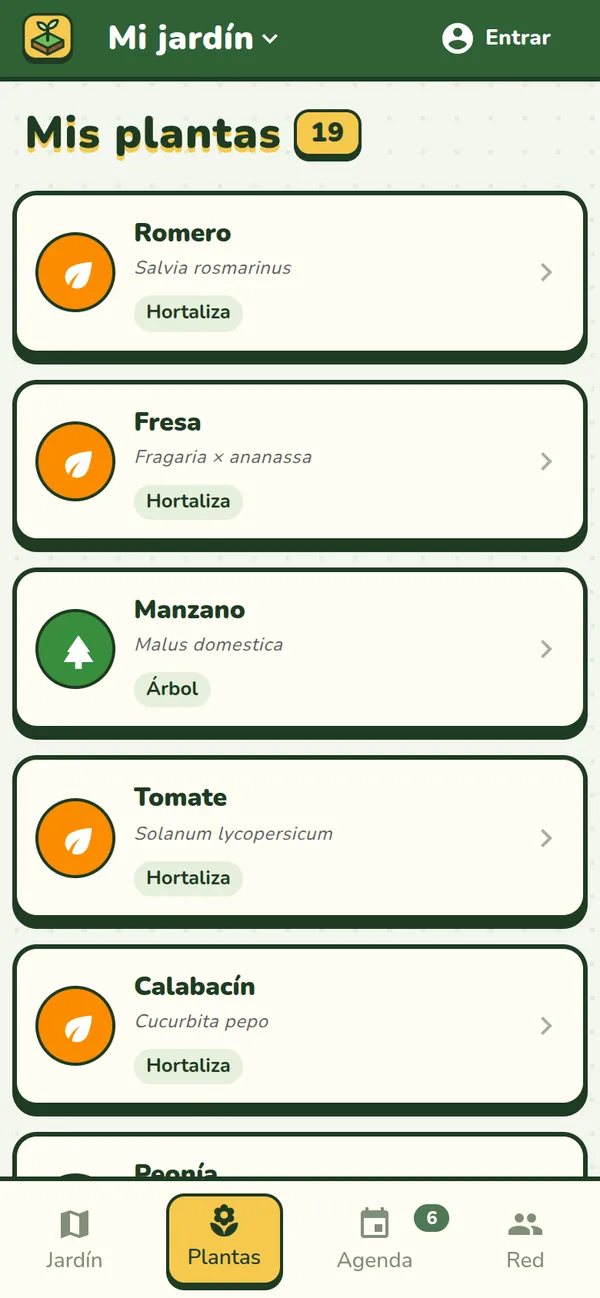 La lista «Mis plantas» de Jardingo: cada planta con su nombre latino, su categoría y cuántas tienes.