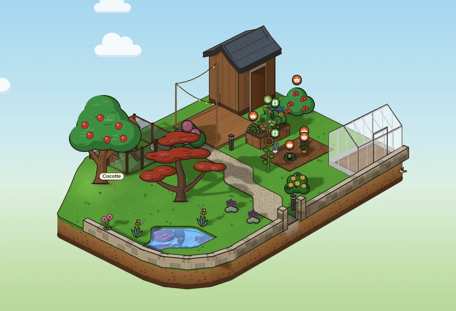 Ein in 3D gezeichneter Garten in Jardingo: Gemüsebeet, Gewächshaus, Hühnerstall, Teich, Holzterrasse unter einer Lichterkette, Gartenhaus, Hecke und Mäuerchen.